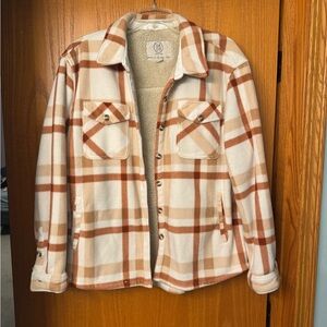 Sage brand Cream & Tan Plaid Sherpa-Lined Shacket